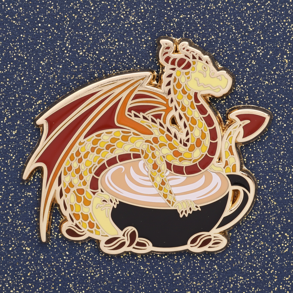 An enamel pin depicting a gold dragon with orange and yellow details, sitting in a cup of coffee, with a hoard of coffee beans around it. The pin has a matte finish and is bordered by a pink and white color scheme.