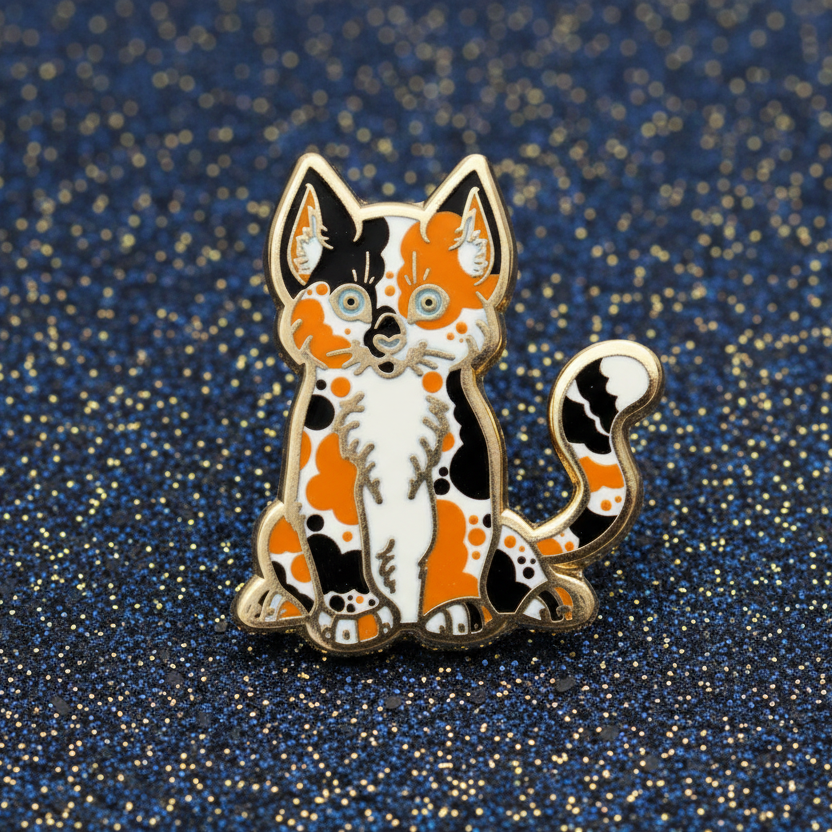 A gold metal hard enamel pin shaped like a kitten with an orange and black color scheme.