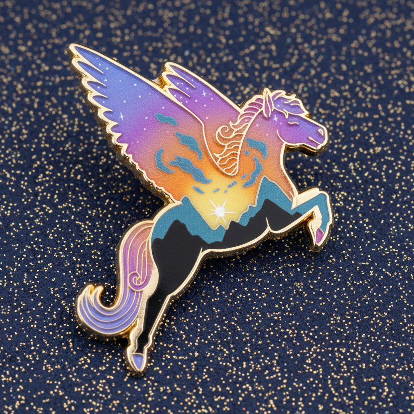 A gold metal enamel pin featuring a mythological creature, Pegasus, with a gradient sky background and clear pearl fill.