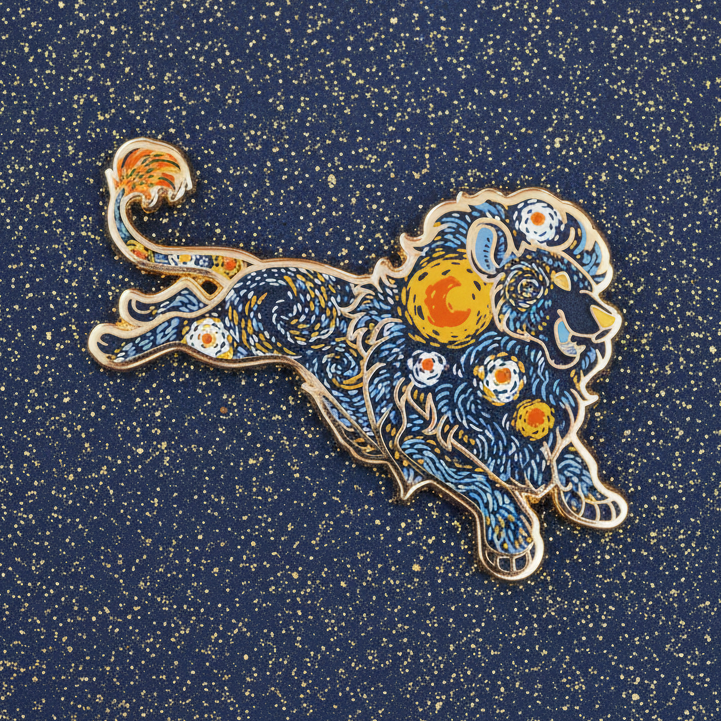 Starry Night Lion Gold Enamel Pin