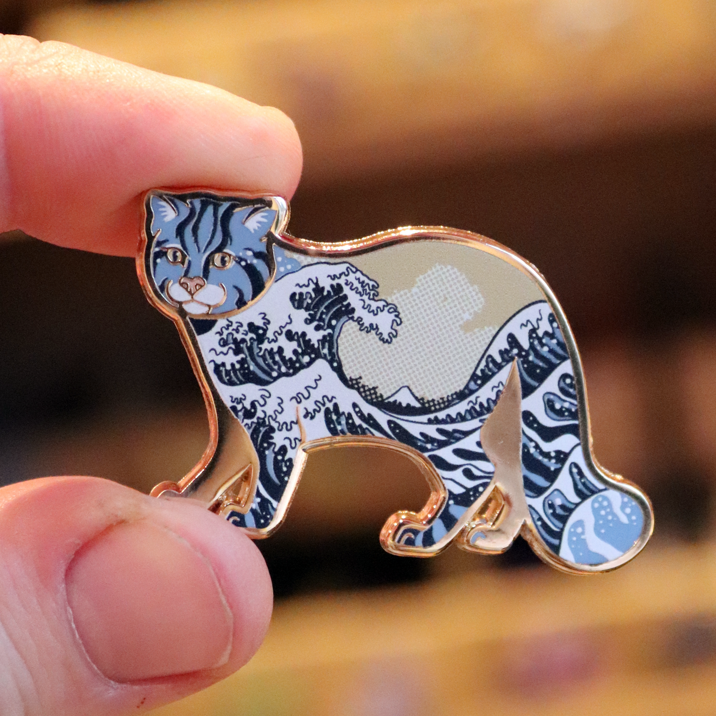 Great Wave Tsushima Cat Gold Enamel Pin