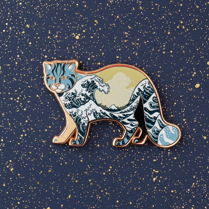 Great Wave Tsushima Cat Gold Enamel Pin