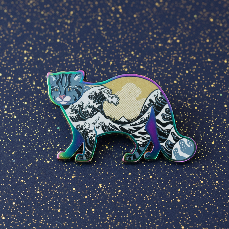 Great Wave Tsushima Cat Rainbow Enamel Pin