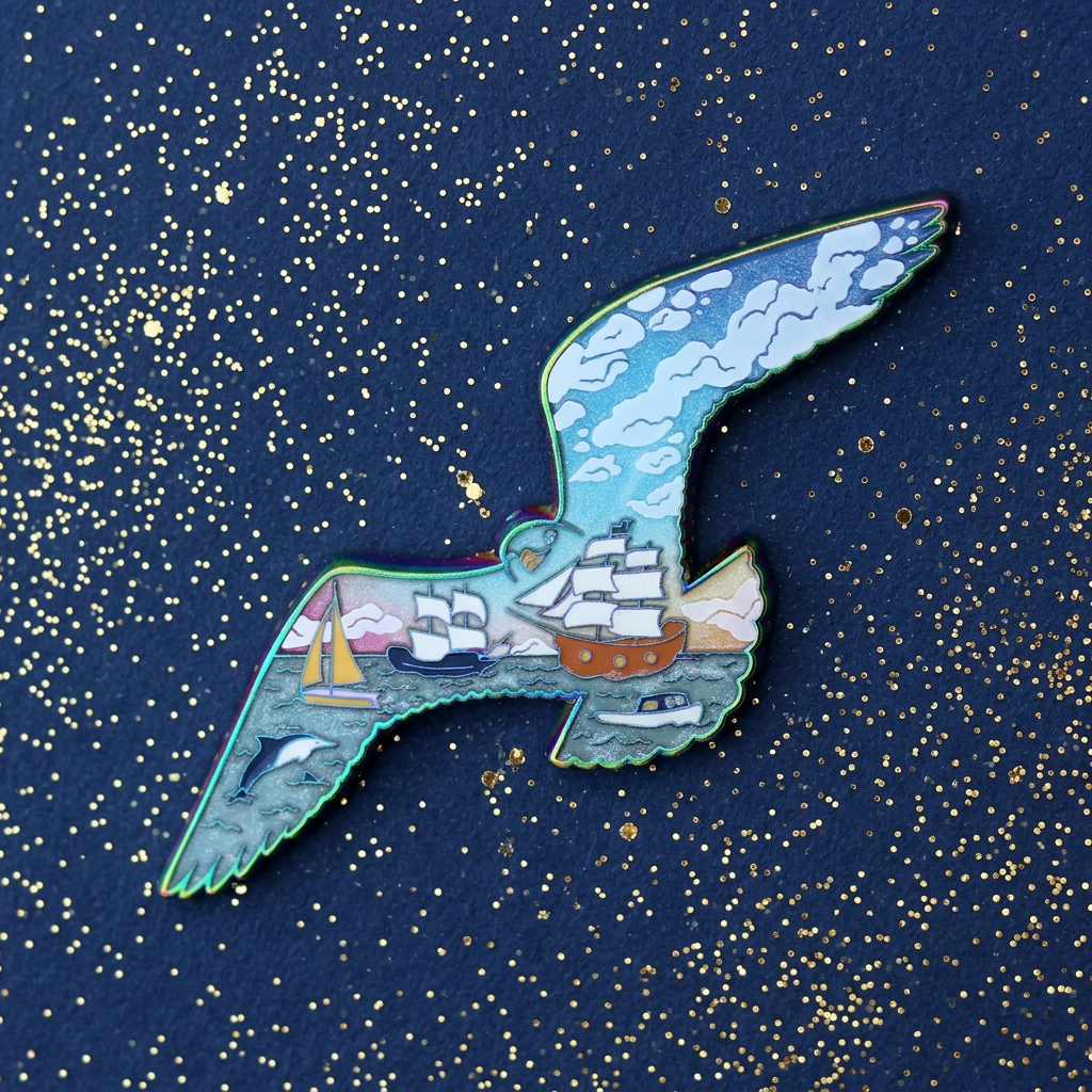 A detailed, colorful enamel pin shaped like a flying seagull, featuring a nautical scene with ships, sailboats, clouds, and waves. The pin is displayed on a textured navy blue background with gold speckles.