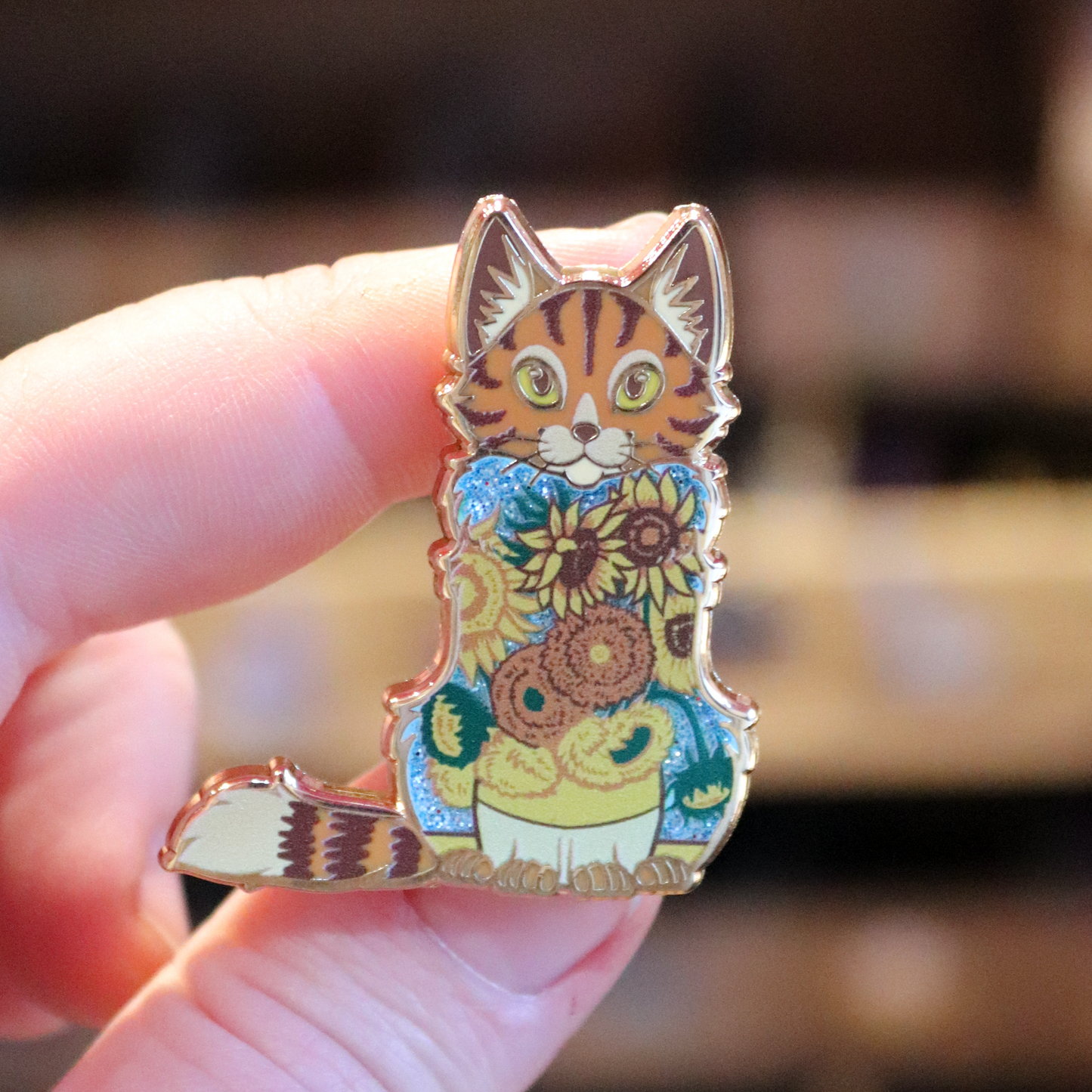 Sunflower Cat Gold Enamel Pin